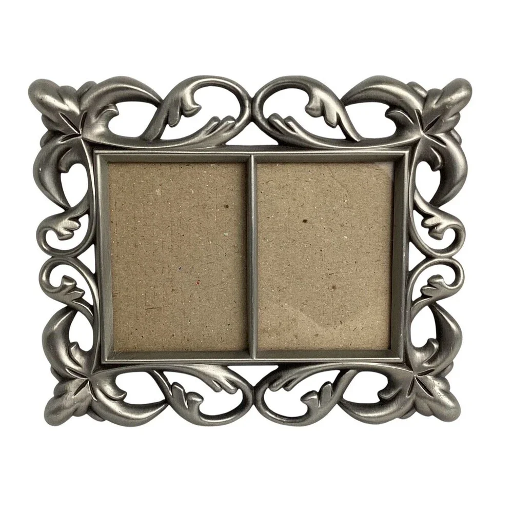 Metal Picture Frame Double Wallet Size Silvertone Ornate Scroll